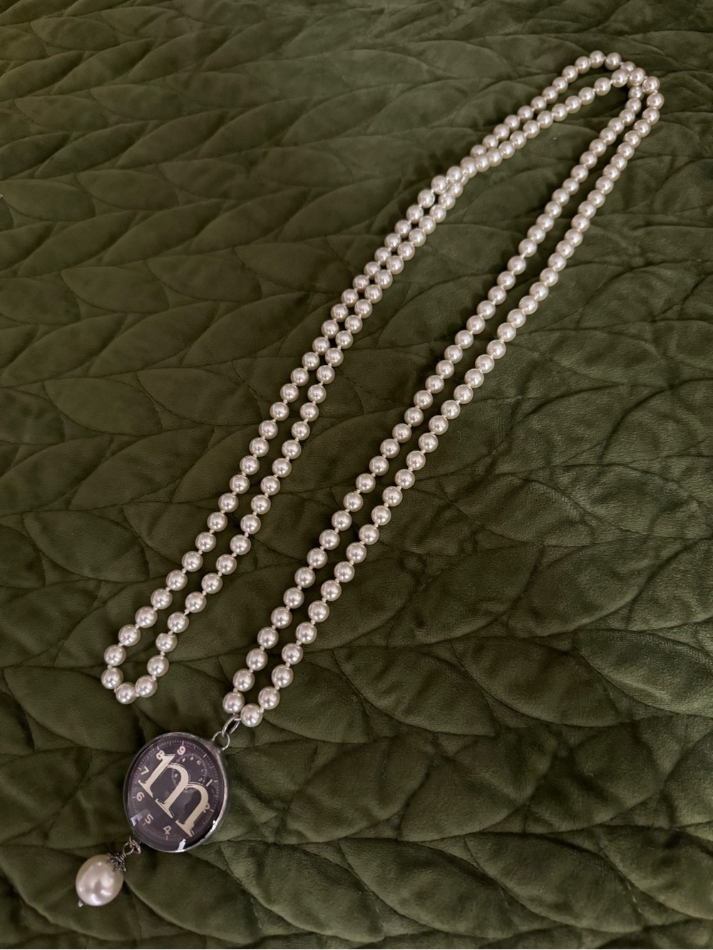 Pearl Bead Necklace with Monogram Pendant - M